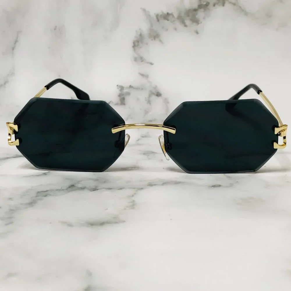 Men Sunglasses Dark Black Lens Rimless Fashion Retro‎ Shades Gold Metal Lentes